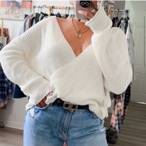 Mi Ami Wrap Front Cream Cable Knit Sweater